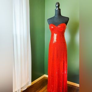 Red sequins strapless maxi side split dress Jessica Rabbit